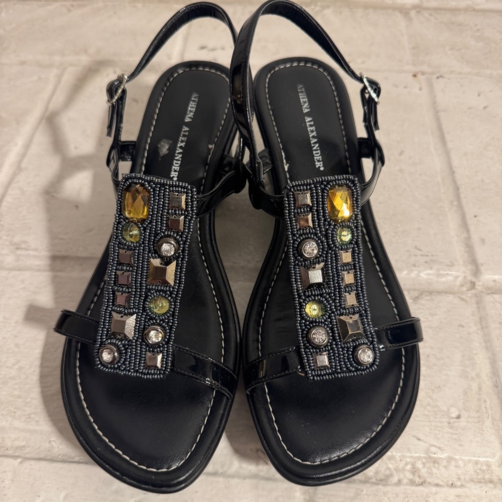ATHENA ALEXANDER black wedge sandals with box, size  10